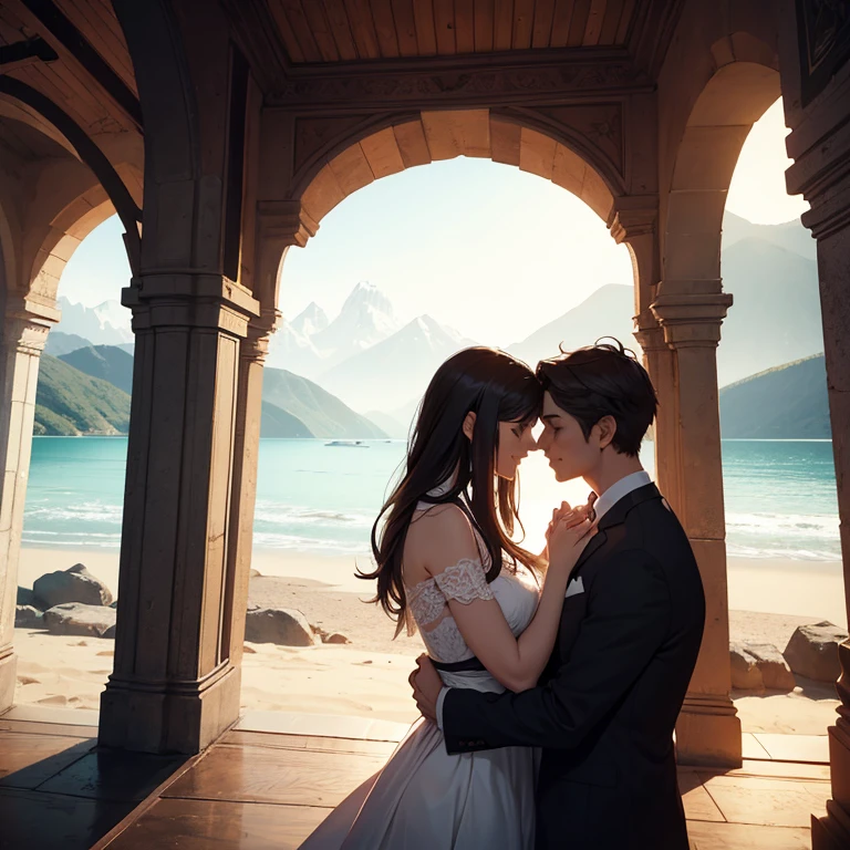 couple, romance, blue castle, aster purple, sunset