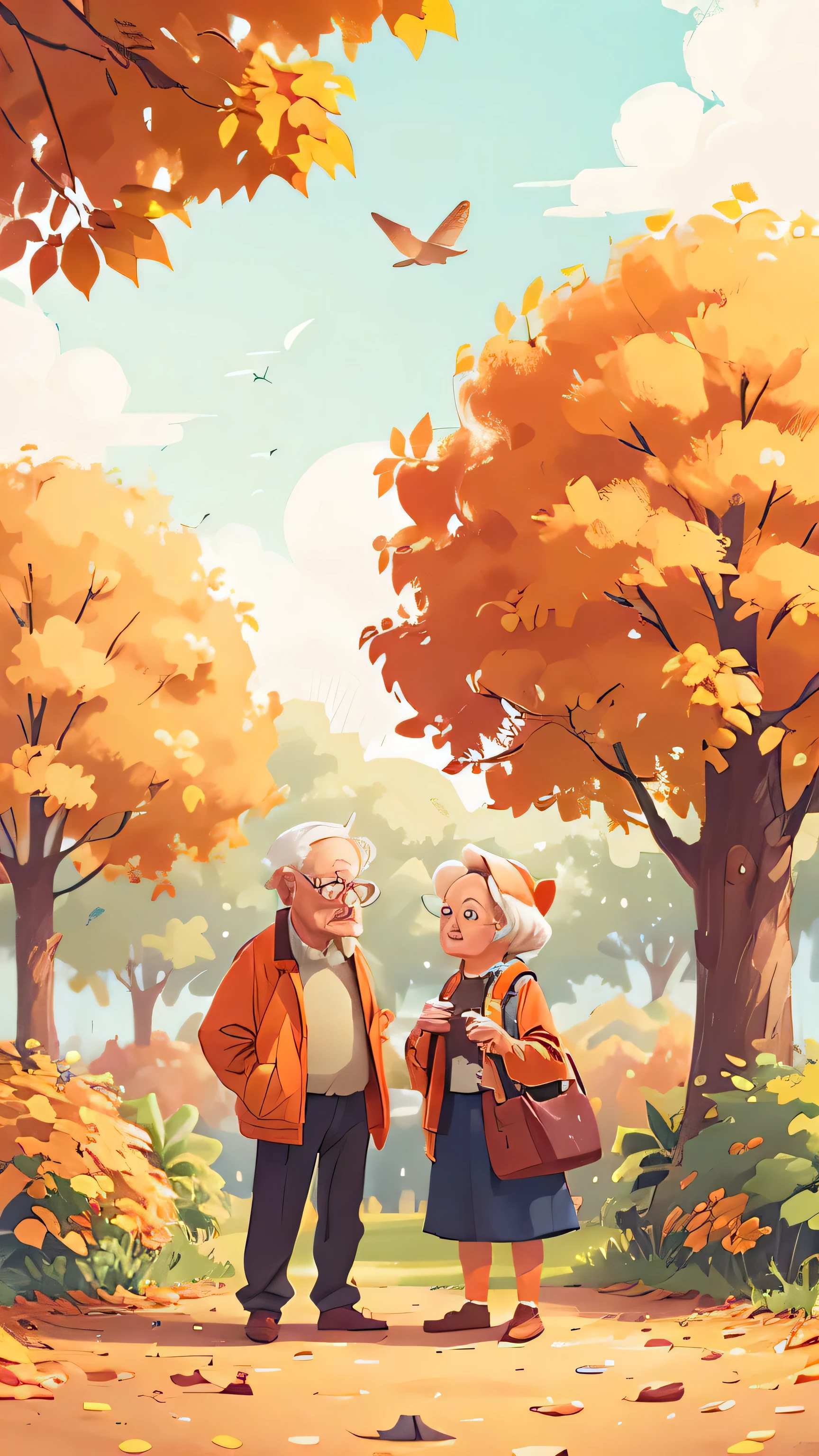 There is an orange picture,Elderly couple standing in the park, matte illustration, Leave the top blank,Fill with color only,autumn, bird,trees,Orange is the most popular color,Few screen elements