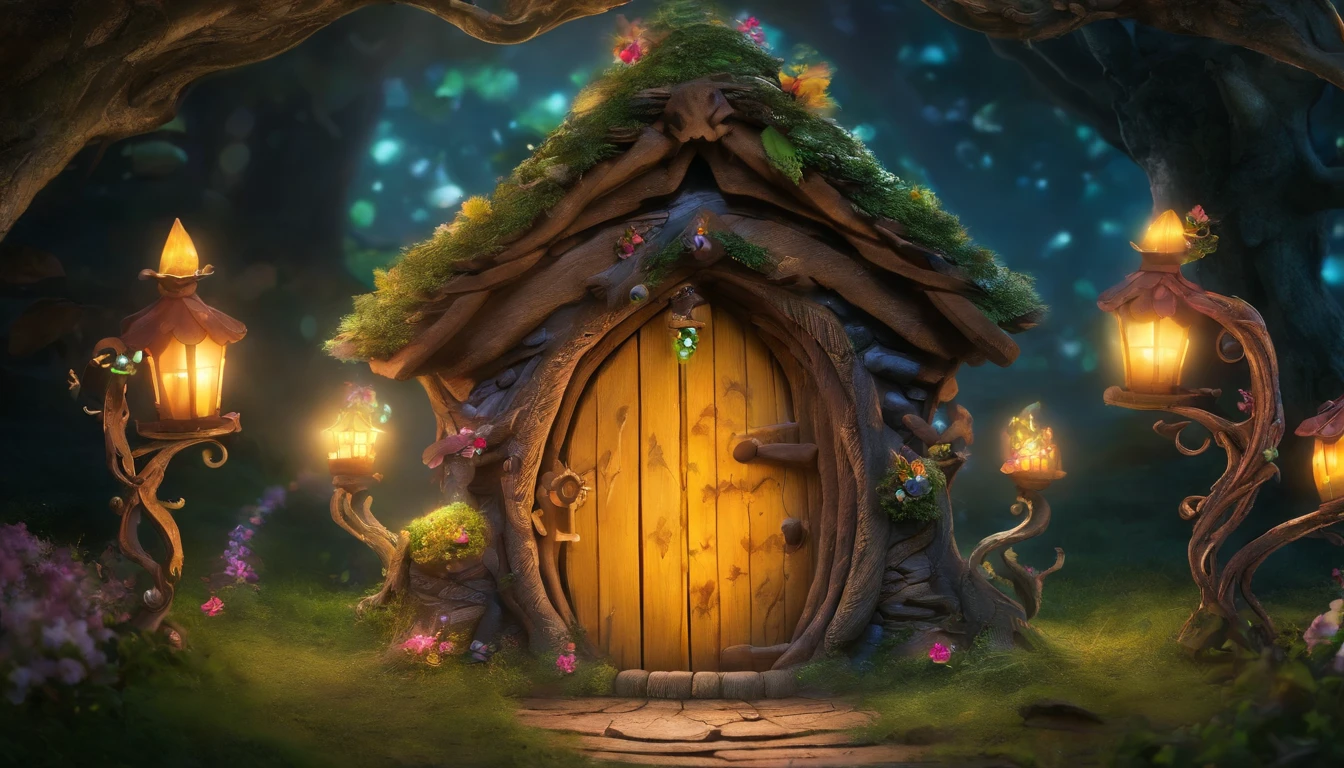 Zoom in on the front door of a fairy house deep in the woods at midnight; the door is elegant and magical, handcrafted using natural materials. The door is small and rounded in shape, with carvings and decorations in the motif of tree branches and leaves. The wood has an old, weathered look and its surface is carved with ivy and flowers. The door knobs are adorned with small gems, magical sparkling natural stones and crystals. The colors of these gems are reminiscent of the twinkling stars in the night sky or the magical light shining in the forest. Small lamps and candles are also decorated around the door, giving off a faint glow in the darkness. This front door is the magical entrance to the fairy house and is beautifully decorated to gently welcome visitors. One-person viewpoint, Super Detail, high details, High quality, 8K