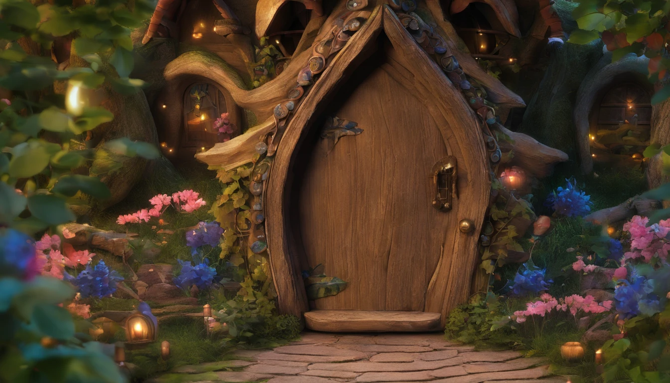 Zoom in on the front door of a fairy house deep in the woods at midnight; the door is elegant and magical, handcrafted using natural materials. The door is small and rounded in shape, with carvings and decorations in the motif of tree branches and leaves. The wood has an old, weathered look and its surface is carved with ivy and flowers. The door knobs are adorned with small gems, magical sparkling natural stones and crystals. The colors of these gems are reminiscent of the twinkling stars in the night sky or the magical light shining in the forest. Small lamps and candles are also decorated around the door, giving off a faint glow in the darkness. This front door is the magical entrance to the fairy house and is beautifully decorated to gently welcome visitors. One-person viewpoint, Super Detail, high details, High quality, 8K