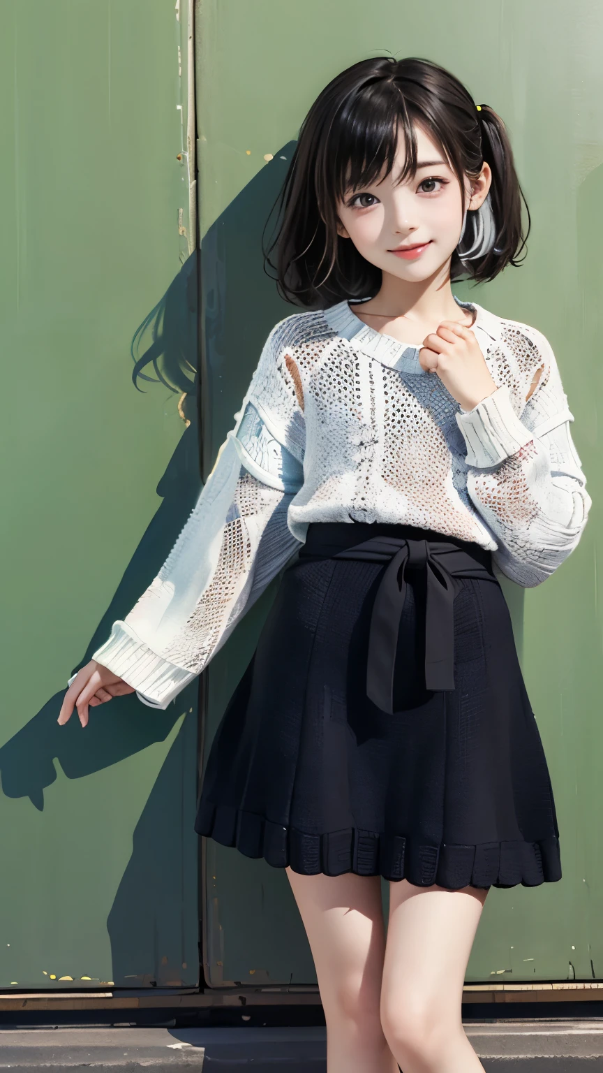 (((Masterpiece))),((top quality)),one beautiful Japanese girl,14 years old、young、bangs、wavy hair、(((two side up:1.5)))、short hair、black hair、brown eyes、droopy eyes、smile、(The background is plain)、mini skirt、(knit:1.5)、barefoot
