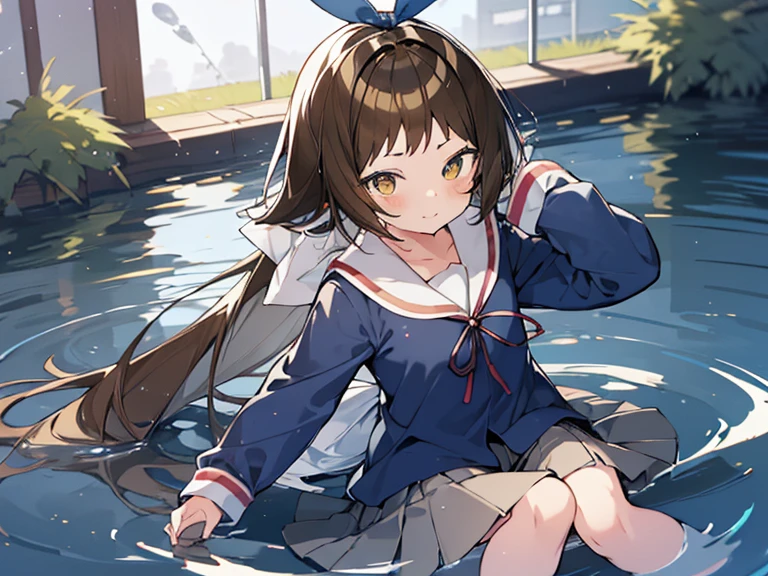 1 girl、mashiromitsumine, mashiro mitsumine, (brown eyes:1.5), brown hair, ponytail, (flat chest:1.2), break grey skirt, long sleeve, neck ribbon, red ribbon, ribbon, sailor collar, skirt, white sailor collar, (blue shirt:1.5), smile、break looking at viewer, break indoors, school pool, (large amount of water)、Wet、(skirtが水面に広がります:1.3)、(Completely flooded:1.1)、The whole body is immersed in water、swim、break (masterpiece:1.2), highest quality, High resolution, unity 8k wallpaper, (figure:0.8), (detailed and beautiful eyes:1.6), highly detailed face, perfect lighting, Very detailed CG、(Panmoro)、(skirt全開)、ロングワイドskirt、cute、(white panties)、blush、Watery eye、spring、Drooling pulls a thread、