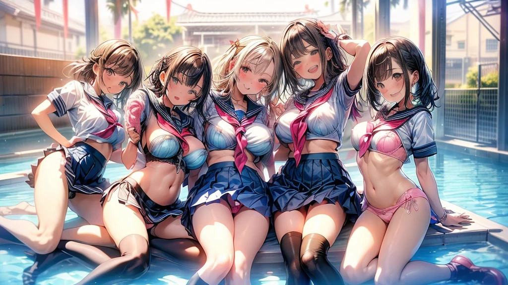 nswf:1.3,(masterpiece: 1.2, highest quality, masterpiece, Clearer images), (Bright colors), ((Take clear photos even from a distance)), (multiple girls), (Harem), (School classmates), (((All school uniforms have the same design))), (((Everyone is wearing the same navy blue skirt))), (()), ((prostitution婦)), (prostitution宿, on the bed), (cute Japanese((6 girls))), (((infant'face))), ((group shot)), (group selfie), ((ass visible through thighs))、 (Full body diagram from head to toe), front, frontやや下からの構図, symmetry, 18 year old tall girl, alone, (whole body from head to toe),wide angle, soft light, ((((laugh with your mouth wide open)))), (slightly larger breasts), ((prostitution)), (lure), ((viewers love it)), (((A lot of hearts are flying))), Landscape、(((show panty:1.6)))、((((M spread legs:1.4)))、((female masturbation:1.8))、((breast grab:1.3)),(((bra lift:1.2)))、one eye closed、stick out one's crotch