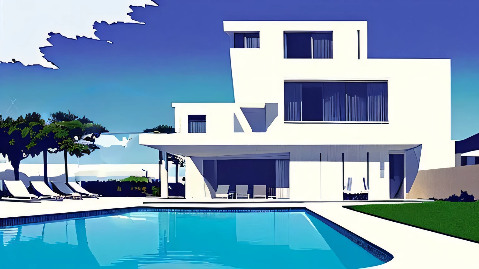 A simple illustration by Hiroshi Nagai　A simple, white, angular building with a pool and the sea　California summer blue sky and beach　Tranquil scenery　calm sea　rustic illustration　70's style