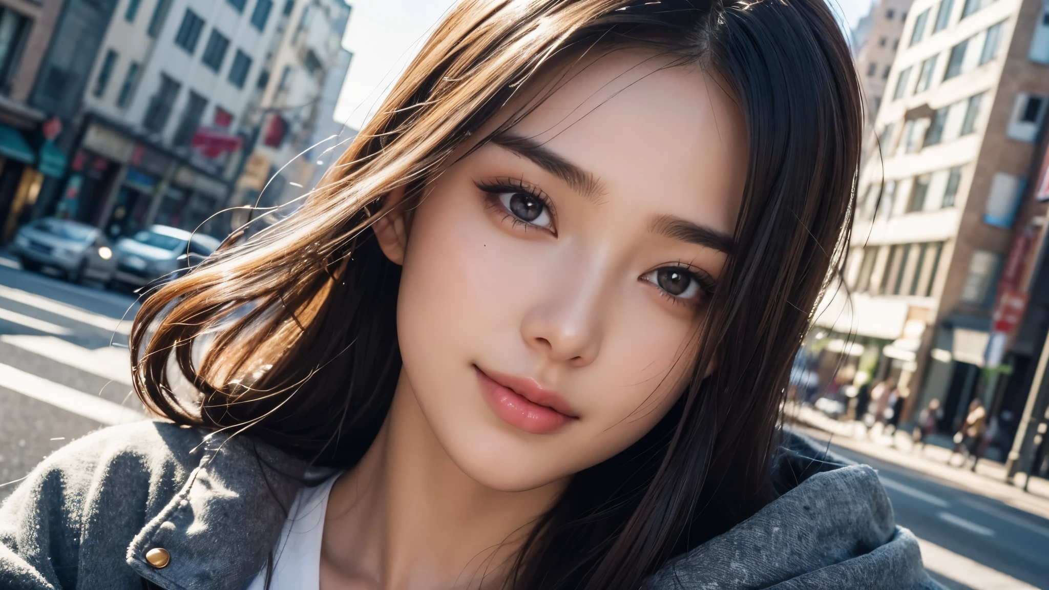 1girl in, best quality, white skin, real human skin, (detailed fac), oval face, pores, ultra high res, (8k, RAW photo, photorealistic:1.4), 1girl, slim, (looking at viewer with a serene and goddess-like happiness:1.2), ( lipgloss, eyelashes, gloss-face, best quality, ultra highres, Broad lighting, natural shading), oversized jacket, fashion shirt, cityscape,