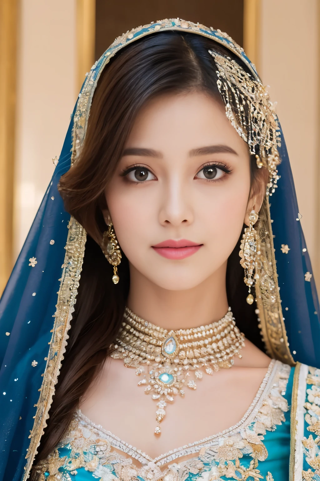 magical, fantasy, tale, top-quality,Beautiful detailed hijabi,Bewitching face,tzuyu iu yooa ,long lashes,Wearing a colorful bellydancer,Hide your mouth with a lace cloth,Detailed details,Colossal ,With cleavage,stares at the camera、versailles