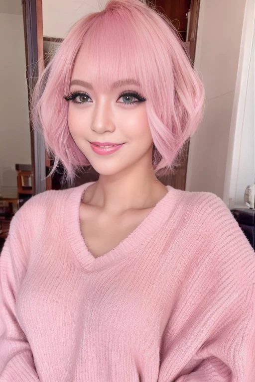 short hair、beautiful skin、natural pink hair、false eyelashes、smile