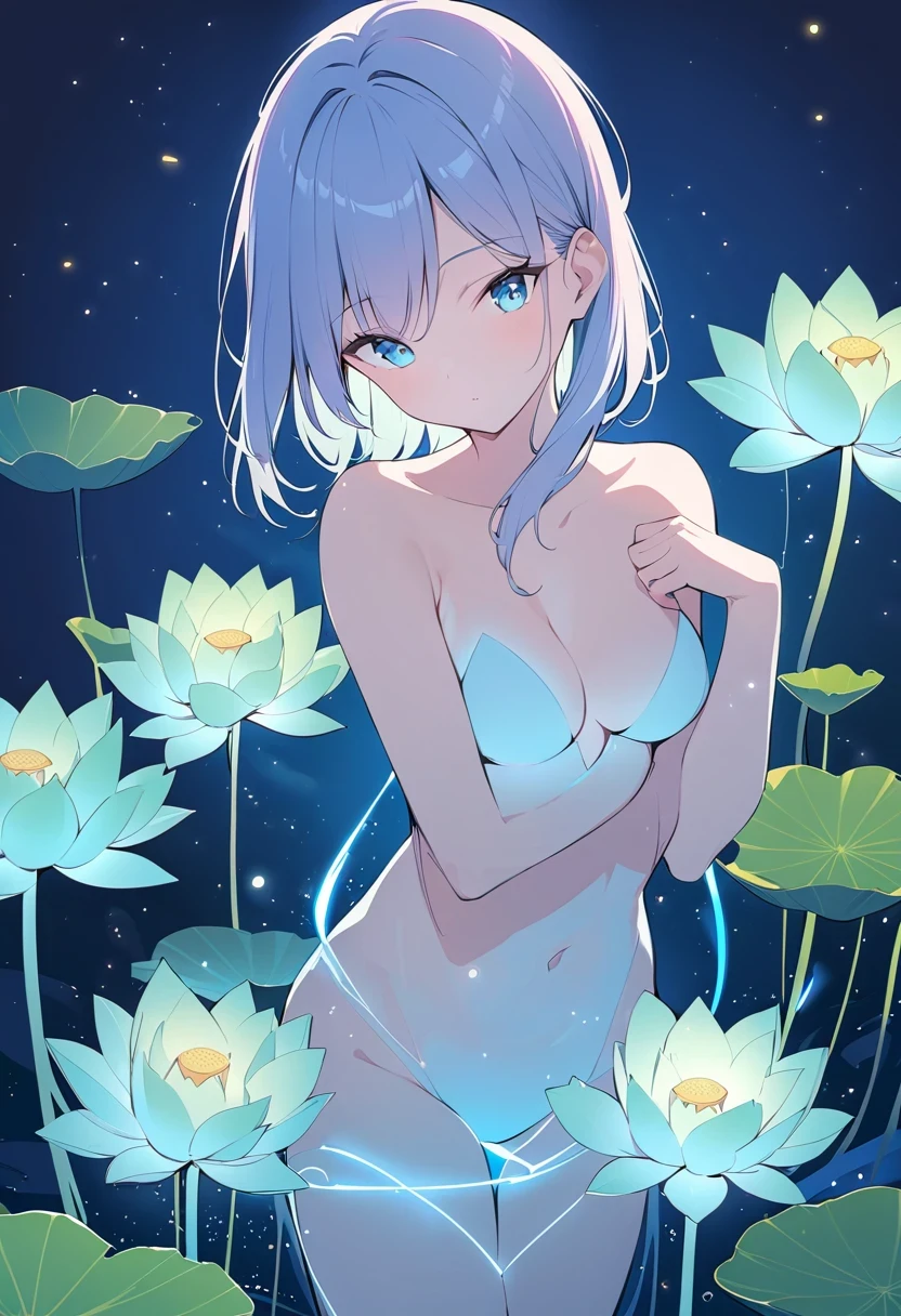 (masterpiece, best quality:1.2), In digital art style, charming illustration,peaceful picture,1 girl, beautiful eyes,tall lotus,alone,body glow,Glowing lines,fluorescence,glow example,Example tracking,flash,萤light particles,Backlight,Translucent,light particles,Correct human anatomy,