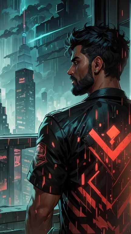 tom de pele bronzeado, a close-up of a man "tan skin tone" and black beard, standing in front of a window with a cityscape in the background, in digital illustration style, official behance hd fanart, 2D game art GTA cover, 2D game art GTA cover, 4k detailed digital art, cyberpunk art style, matte digital illustration, official fanart, epic portrait illustration, cyberpunk illustration, cyberpunk themed art