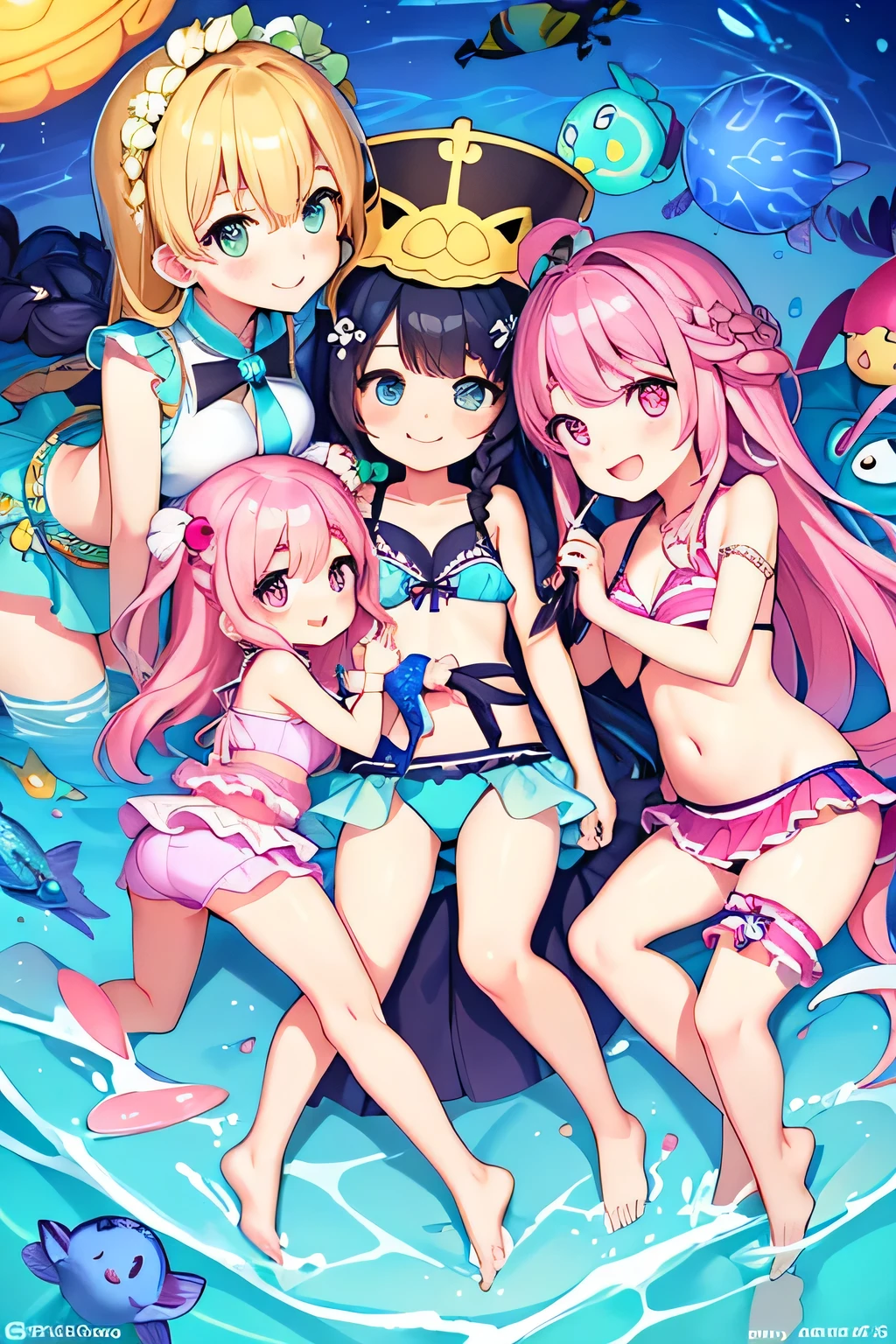 (highest quality:1.4)、detailed beautiful face、anatomically correct、huge breasts、woman in her 20s、(3 women)、Under the deep sea、backwards、braided twin tailicro bikini with bright colors and patterns、A big smile、smile、Turn around to highlight your butt、show one's side、cute、dancing、Uplifting