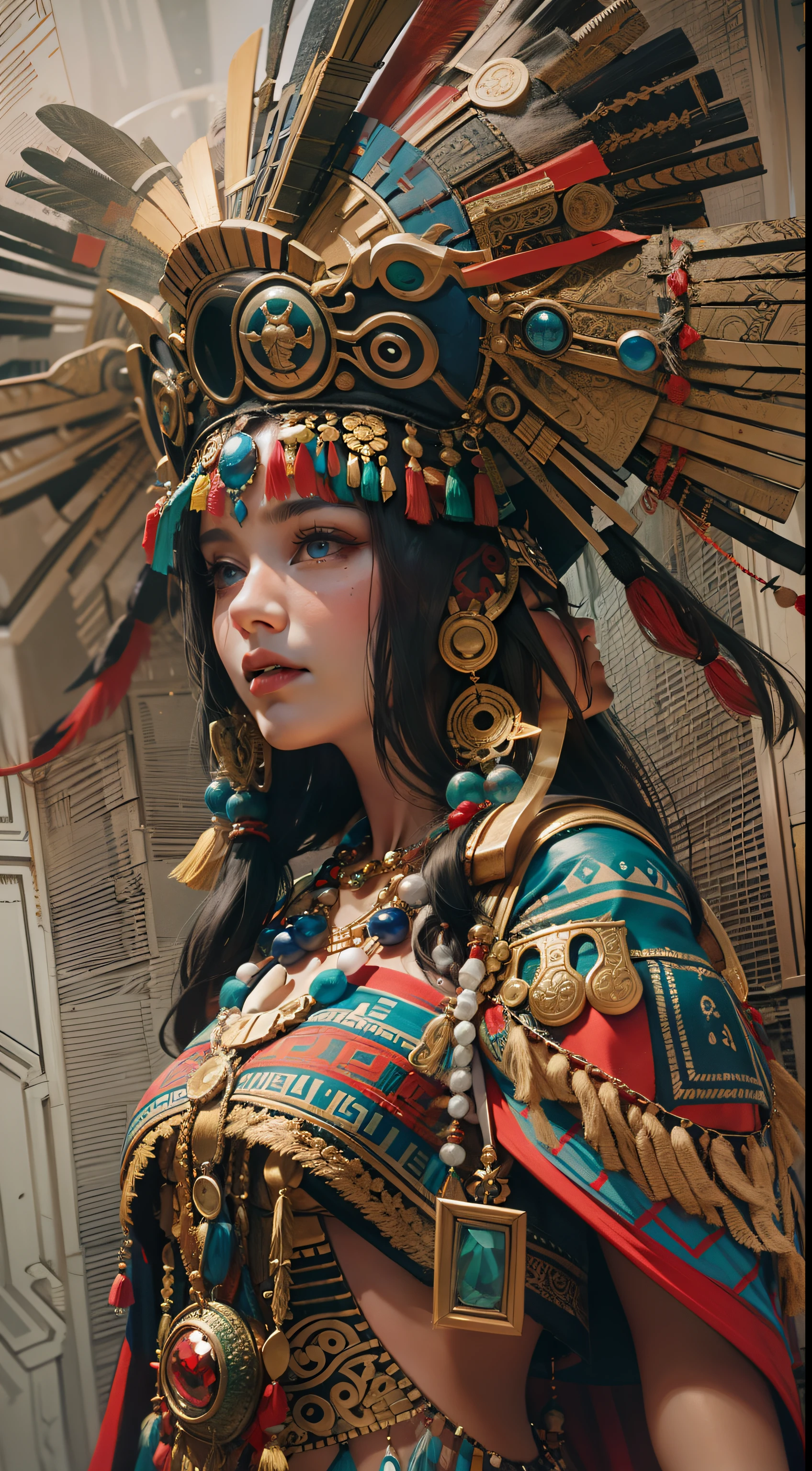 Beautiful woman in insanely complicated Mayan shaman costume