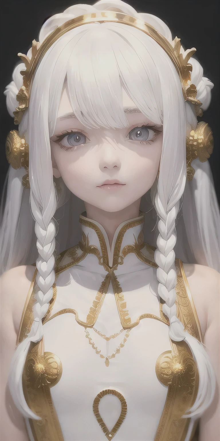 best quality, masterpiece,white hair, gold eyes,white clothes, looking up, upper body,hair strand,Fair skin,side braids