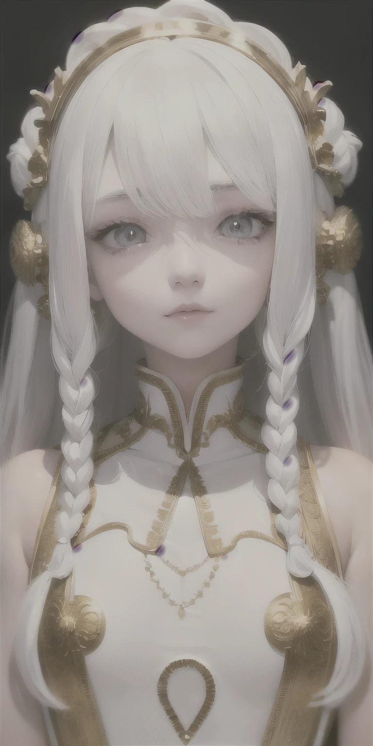 best quality, masterpiece,white hair, gold eyes,white clothes, looking up, upper body,hair strand,Fair skin,side braids