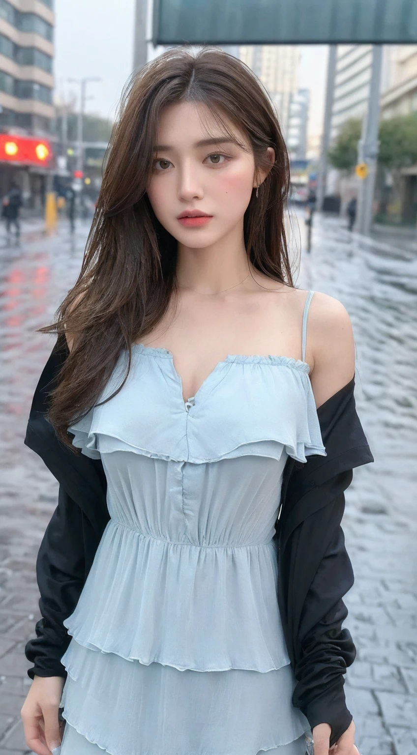 ((best quality, 8K, masterpiece:1.3)), focus: 1.2, perfect body beauty: 1.4, buttocks: 1.2, ((layered hairstyle, Chest: 1.2)), (wet clothes: 1.1) , (rain, street:1.3), Bandeau dress: 1.1, Highly detailed facial and skin textures, exquisite eyes, double eyelids, skin whitens, long hair