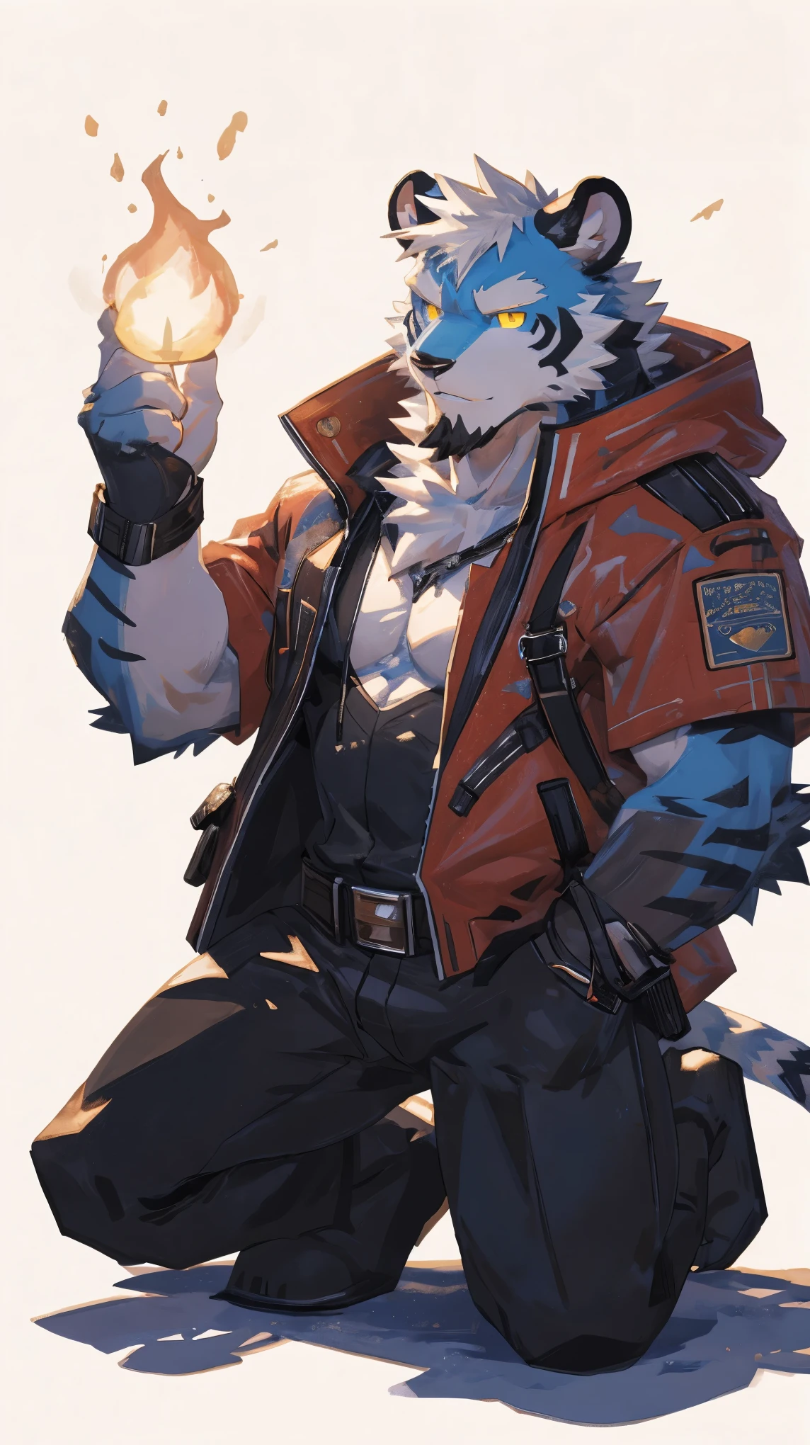 (masterpiece:1.2), best quality,pixiv,official art,perfect anatomy, (Ray tracing, light),solo, (1_male:1.3) , (muscle), (dynamic poses:1.3), (ultra deTailed), sharp focus, Negi, eyes, (glowing cyan eyes), hairy, (white fur:1.6),(muscle white tiger), (beard:1.2), Tail, Thick eyebrows,open hoodie, naked inside, cargo shorts, boots, ultra deTailed face, high deTails, high quality, (best quality,4K,8K,high resolution,masterpiece:1.2),bright colors, float in the sky, reach hand, (white background:1.3)