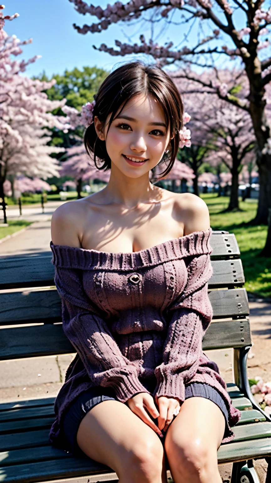 (Selfie of two girls wearing off-the-shoulder sweaters:1.5), (8K, Raw photo, 最high quality, masterpiece), (realistic, photo-realistic), Super detailed, high quality, professional lighting, Physically based rendering photo of an 18 year old female, (2 girls:1.3), ,(japanese idol:1.3), (cute:1.3), (cute顔:1.3),  (chignon hair, dark black hair), (high definition skin:1.2), (super delicate face, Super delicious, very delicate black eyes, highly detailed nose, Super detailedな口, big breasts), (Cherry blossom trees:1.4), (A girl sitting quietly on a park bench:1.5), (smile:1.4)