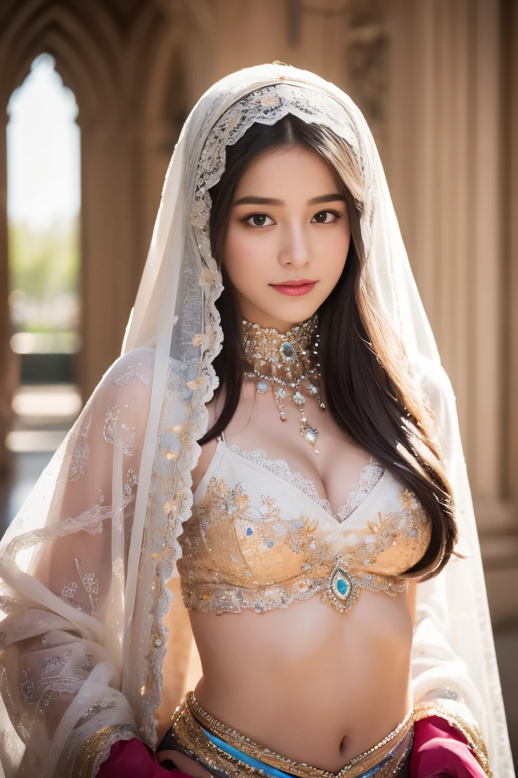 magical, fantasy, tale, top-quality,Beautiful detailed hijabi,Bewitching face,tzuyu iu yooa ,long lashes,Wearing a colorful bellydancer,Hide your mouth with a lace cloth,Detailed details,Colossal ,With cleavage,stares at the camera、versailles