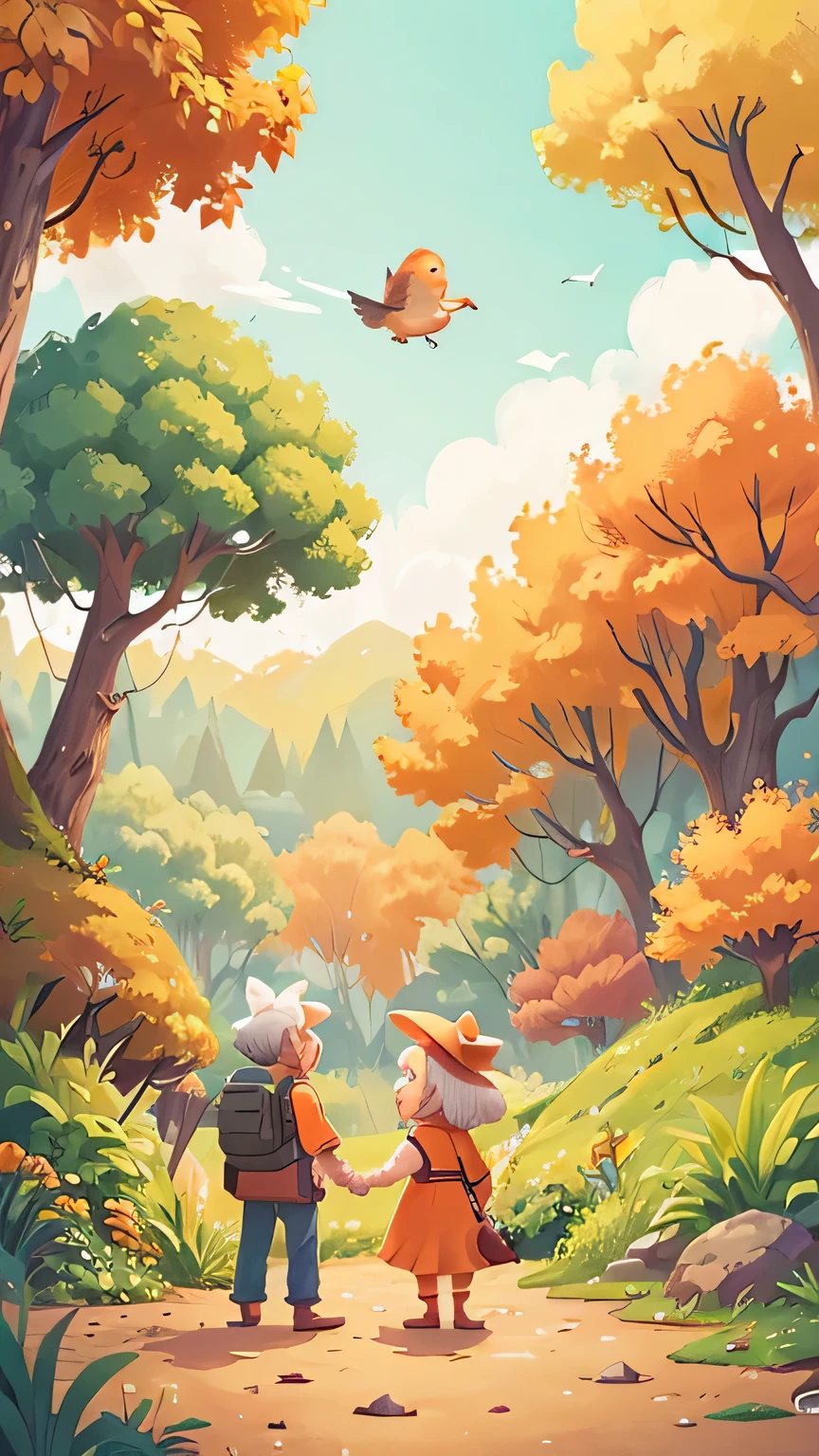 There is an orange cartoon，An elderly couple standing in the scenic area, matte illustration, Inflatable landscape with forest，landscape illustration, autumn, bird，trees，Orange is the most popular color