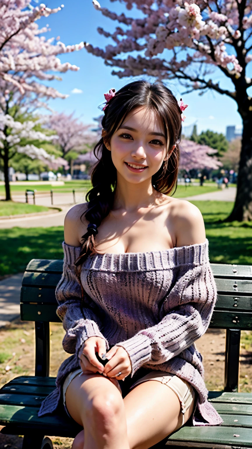 (Selfie of a girl wearing an off-the-shoulder sweater:1.5), (8K, Raw photo, 最high quality, masterpiece), (realistic, photo-realistic), Super detailed, high quality, professional lighting, Physically based rendering photo of an 18 year old female, (2 girls:1.3), ,(japanese idol:1.3), (cute:1.3), (cute顔:1.3),  (twin tail hair, dark black hair), (high definition skin:1.2), (super delicate face, Super delicious, very delicate black eyes, highly detailed nose, Super detailedな口, big breasts), (Cherry blossom trees:1.4), (A girl sitting quietly on a park bench:1.5), (smile:1.4)