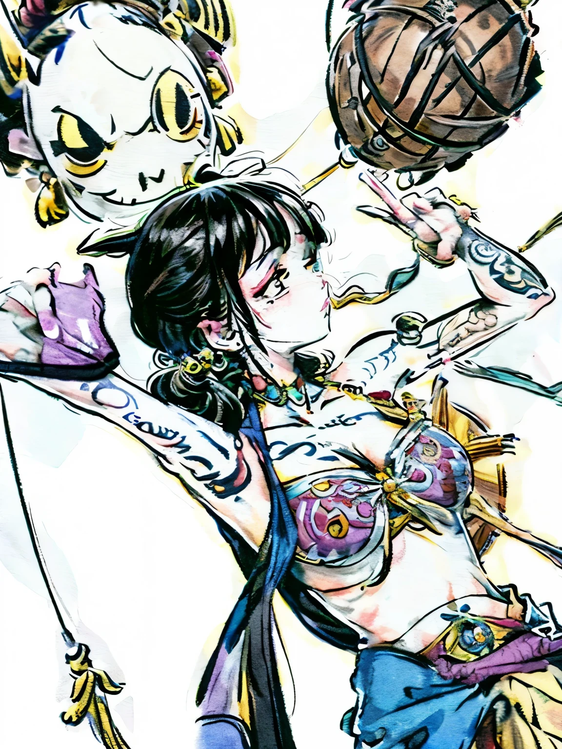 I can describe what you might find in an Arigoth or tribal tattoo inspired by One Piece anime. These tattoos often incorporate elements from the series, such as iconic symbols, characters, or scenes. For example, you might see tattoos of the Straw Hat Pirate crew emblem, Luffy's straw hat, the Jolly Roger flags of various pirate crews, or significant moments from the series depicted in a tribal or Arigoth style. These tattoos typically feature bold lines, intricate designs, and vibrant colors, capturing the adventurous and spirited essence of the One Piece world.