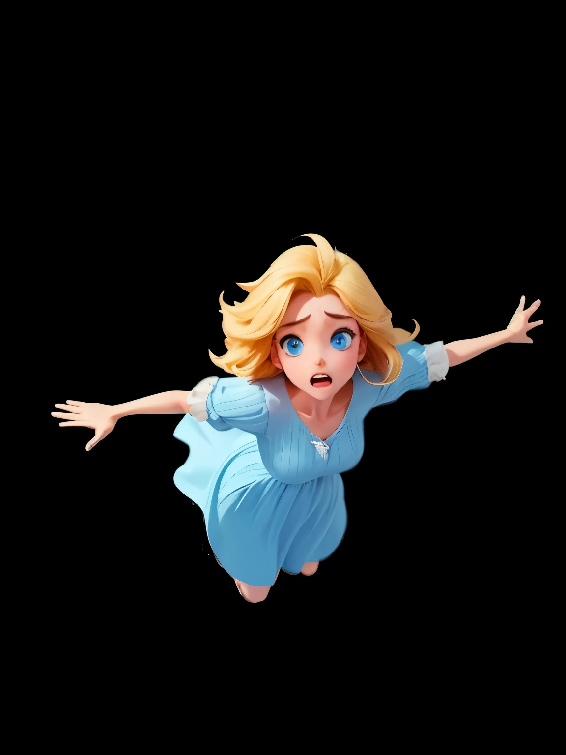 Woman falling in the air，floating in mid air, panic expression，Growing mouth，Fluttering hair，frightened expression，high quality，correct finger，exaggerated expression，Show teeth，The skirt is blown up，