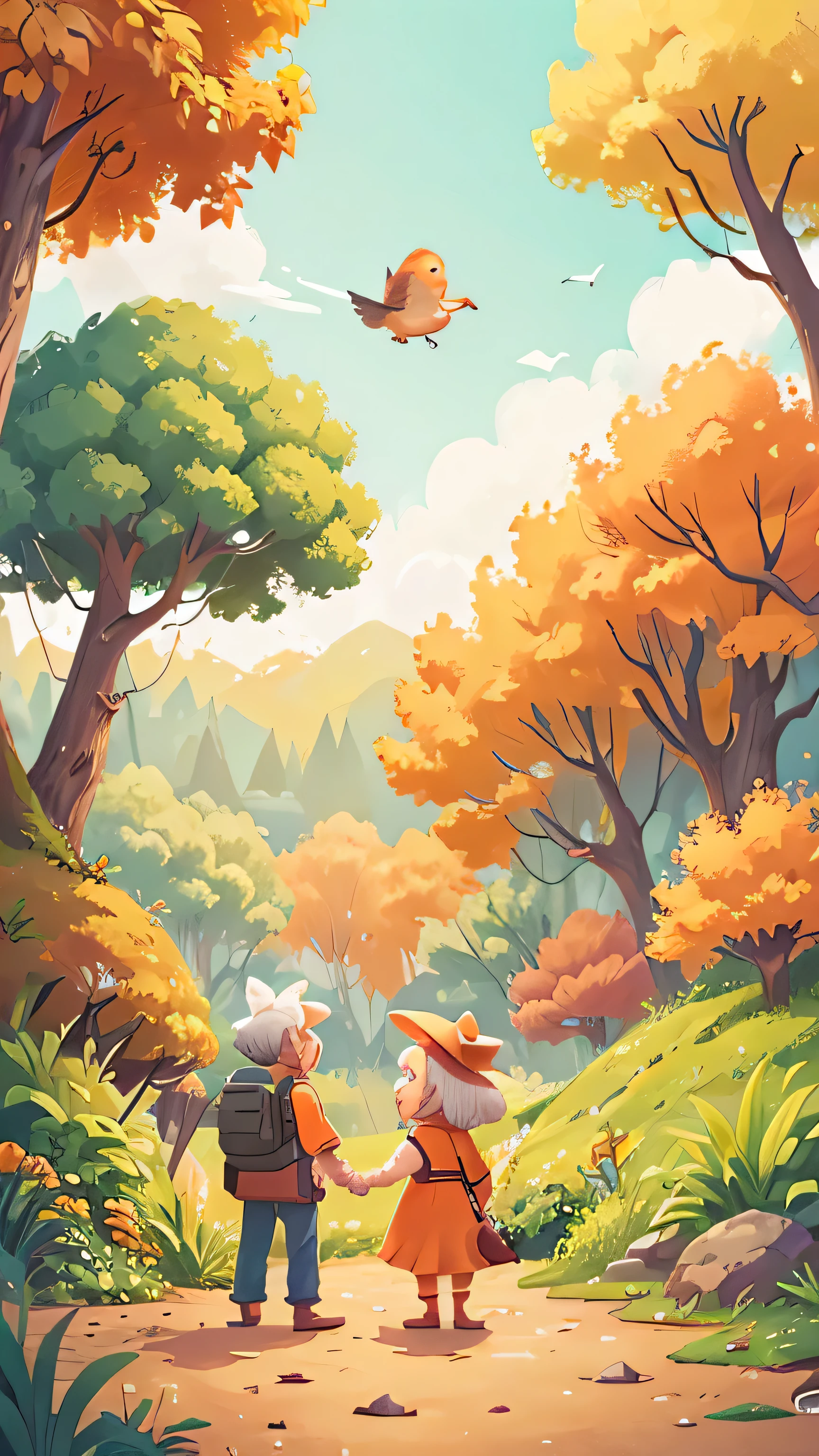 There is an orange cartoon,An elderly couple standing in the scenic area, matte illustration, Inflatable landscape with forest,landscape illustration, autumn, bird,trees,Orange is the most popular color