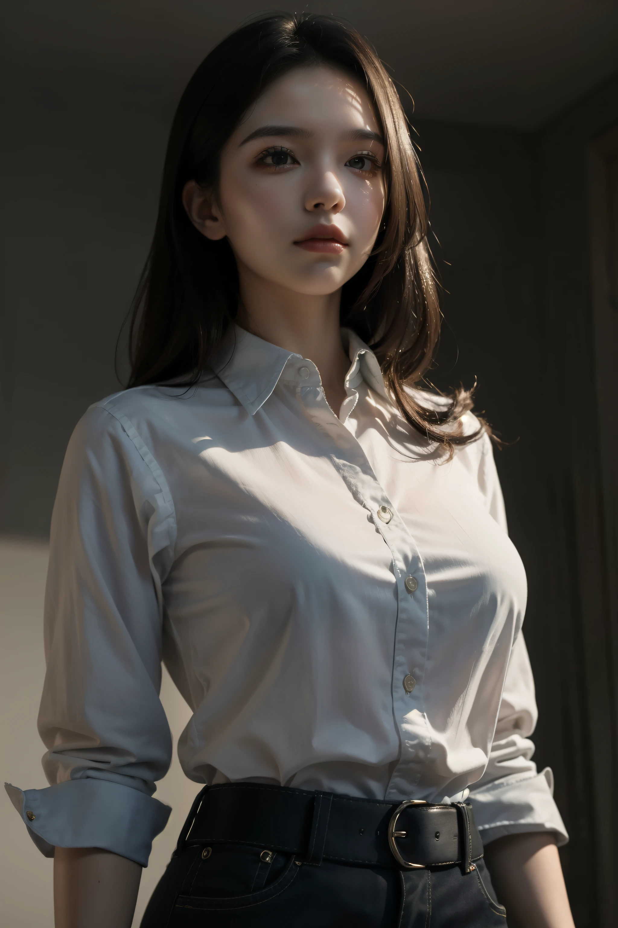 best quality, masterpiece, (lifelike:1.4), 1 girl, faint smile, collared shirt, above waist, dramatic lighting, from below
