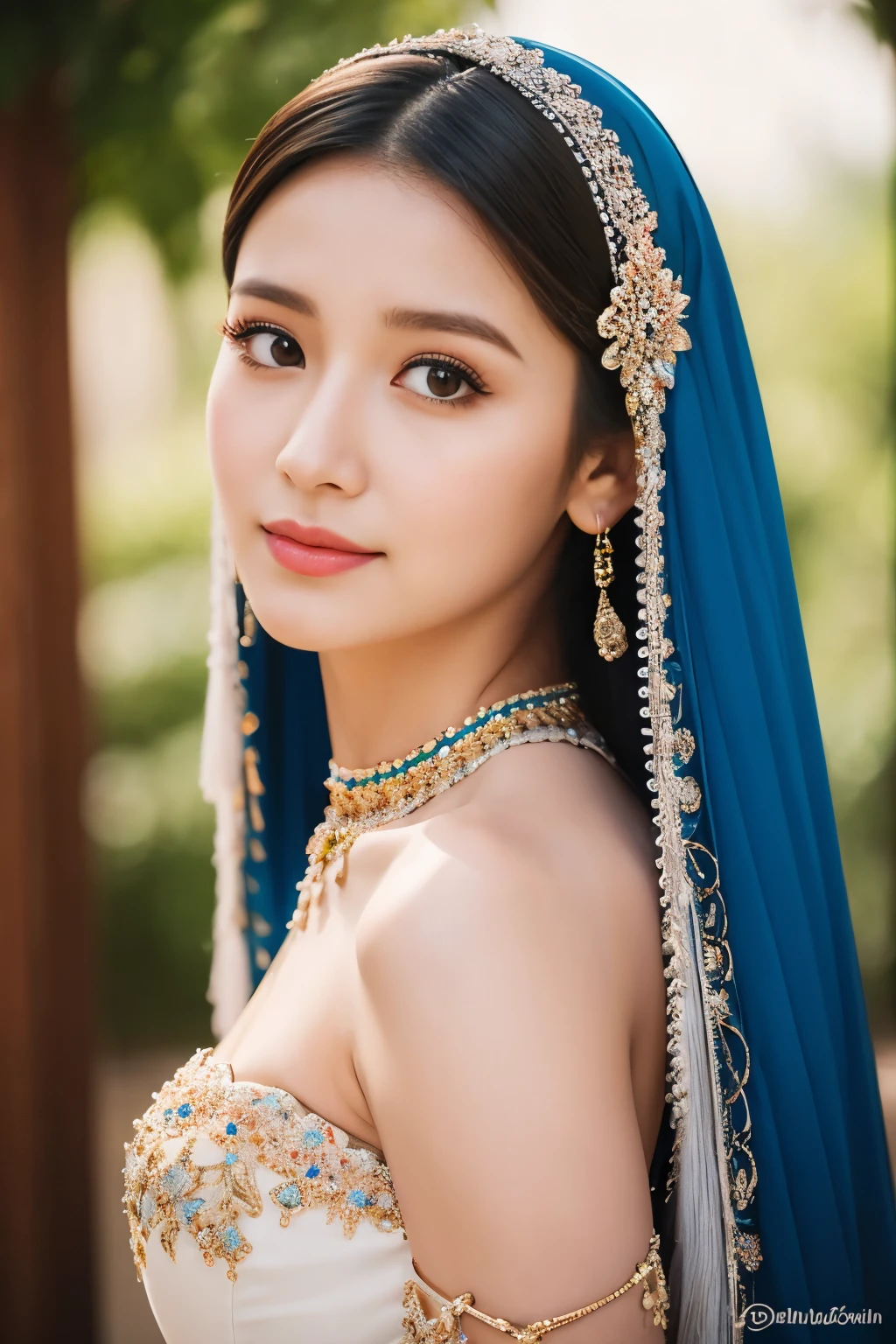 magical, fantasy, tale, top-quality,Beautiful detailed hijabi,Bewitching face,tzuyu iu yooa ,long lashes,Wearing a colorful bellydancer,Detailed details,Colossal ,With cleavage,stares at the camera、javanese castle
