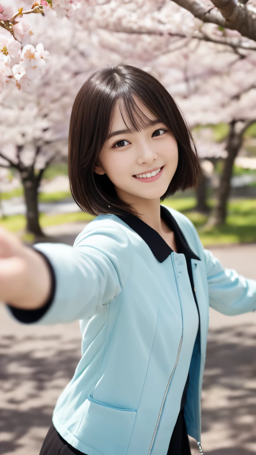 (Close up portrait of one girl with slim and short hair in spring jacket and spring shirt。 :1.5)、(The girl has her arms outstretched with a small smile、hair fluttering in the wind :1.5)、(Rows of cherry blossom trees in full bloom and cherry blossom petals dancing in the wind:1.5)、(perfect anatomy:1.3)、(full finger:1.3)、realistic、photo shoot、table top、highest quality、High resolution, delicate and beautiful、perfect face、detailed and beautiful eyes、Fair skin、real human skin、pores、((thin legs))、(black hair)