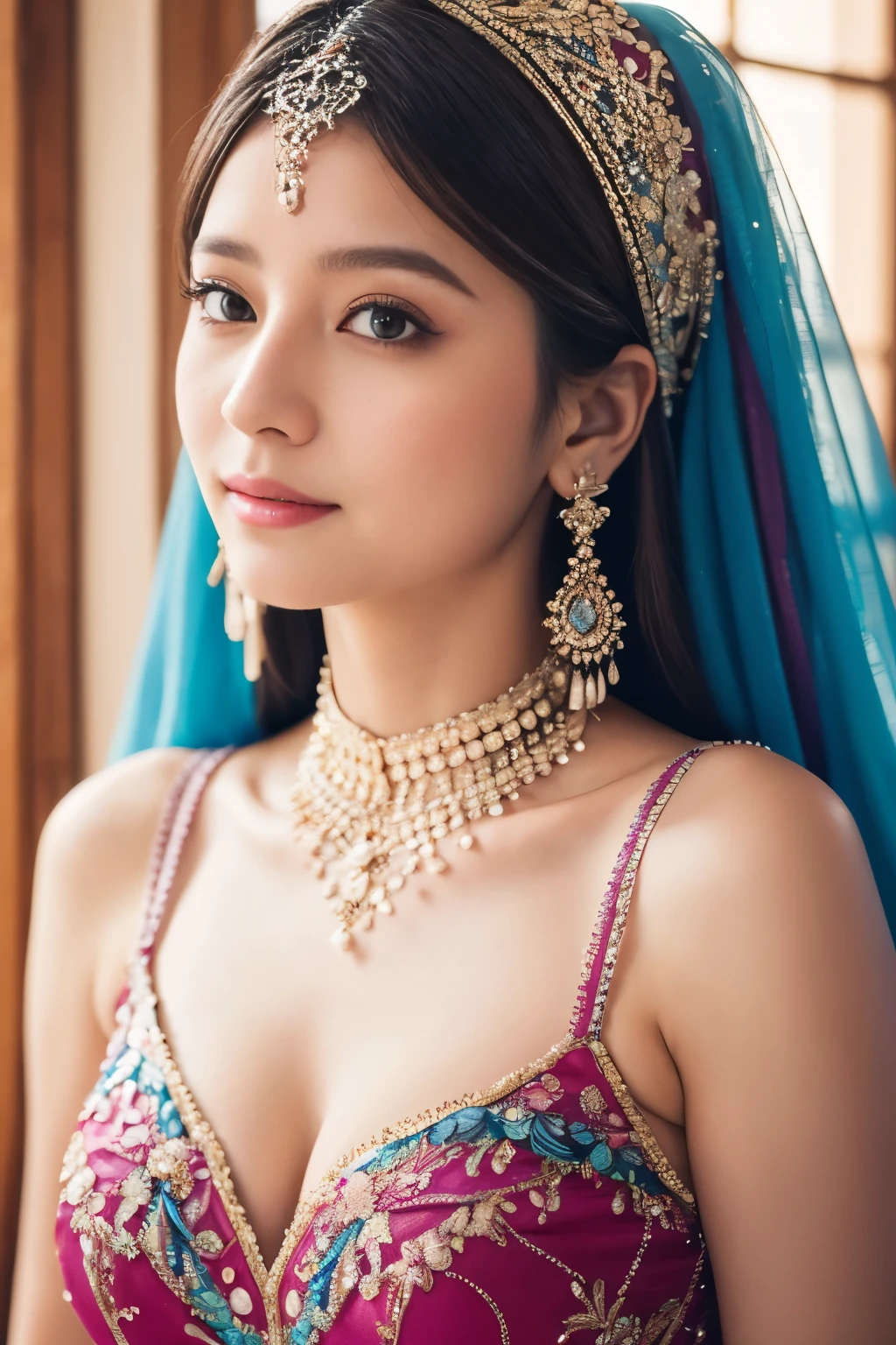 magical, fantasy, tale, top-quality,Beautiful detailed hijabi,Bewitching face,tzuyu iu yooa ,long lashes,Wearing a colorful bellydancer,Detailed details,Colossal ,With cleavage,stares at the camera、javanese castle