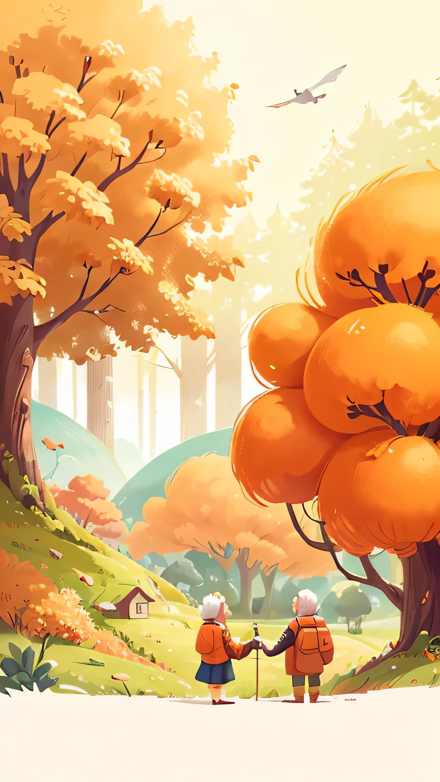 There is an orange picture，An elderly couple standing in the scenic area, matte illustration, Inflatable landscape with forest，autumn, bird，trees，Orange is the most popular color，Fewer screen elements，Don&#39;t be too full，Leave more white space on the top of the screen