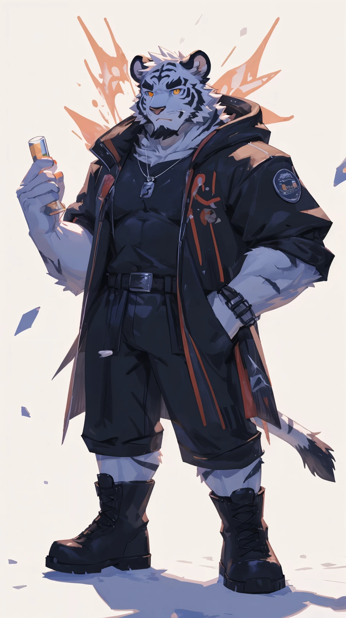 (masterpiece:1.2), best quality,pixiv,official art,perfect anatomy, (Ray tracing, light),solo, (1_male:1.3) , (muscle), (dynamic poses:1.3), (ultra deTailed), sharp focus, Negi, eyes, (glowing cyan eyes), hairy, (white fur:1.6),(muscle white tiger), (beard:1.2), Tail, Thick eyebrows,open hoodie, naked inside, cargo shorts, boots, ultra deTailed face, high deTails, high quality, (best quality,4K,8K,high resolution,masterpiece:1.2),bright colors, float in the sky, reach hand, (white background:1.3)
