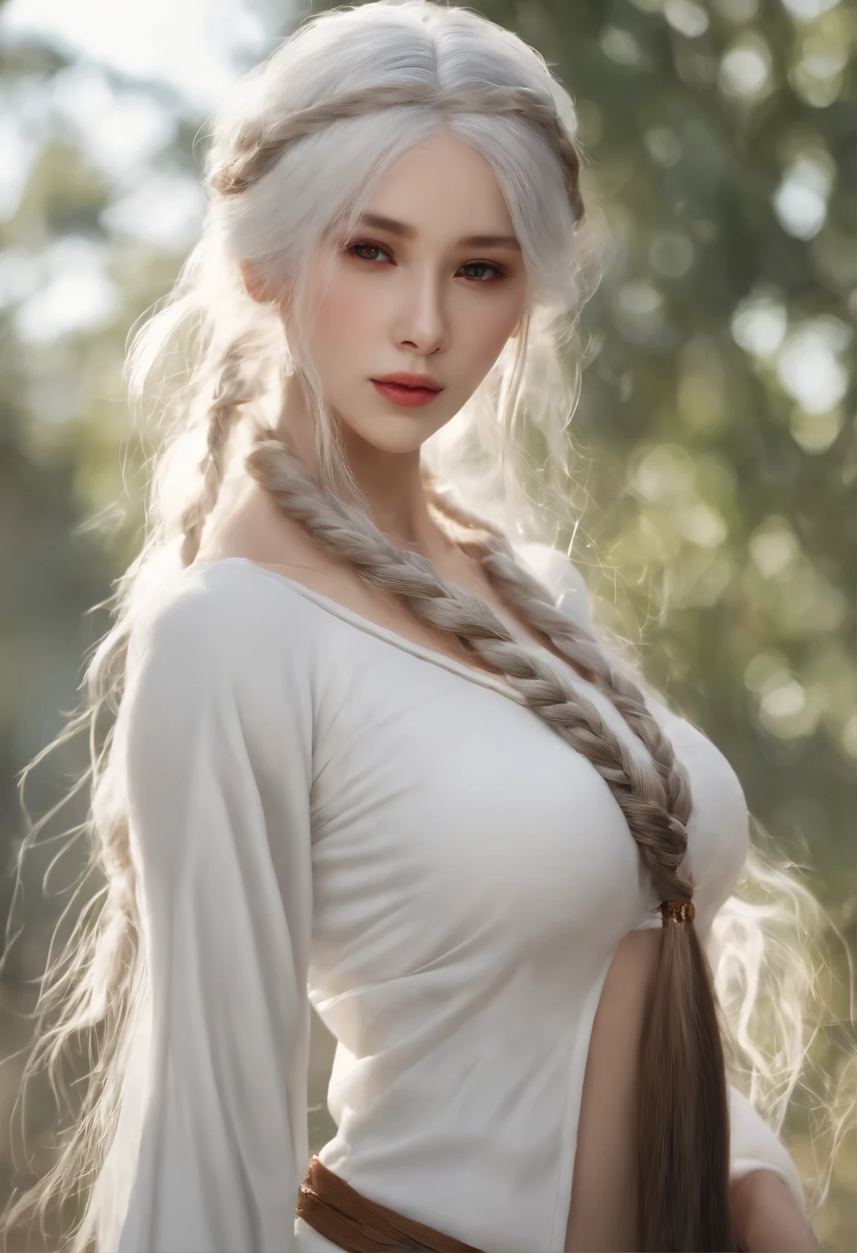 best quality, Masterpiece,white hair, golden eyes,white clothes, search, upper body,hair,Beautiful skin,Braid the side braids to show off your hairless genitals.