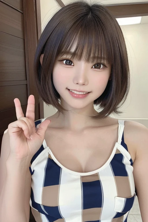 masterpiece, highest quality, High resolution,super detailed, amazingly beautiful woman,1人の girl, (美しいgirl, デリケートなgirl:1.3), (:1.4), break, (Casual dress with plaid pattern:1.3), break, extremely fine-grained clarity, (symmetrical eyes:1.3), break, (In town:1.3), break, small breasts, brown eyes, brown hair, girl, break, (Eye and face details:1.3),break,(A smile that shows white teeth:1.2),Waving both hands to the camera:1.3,