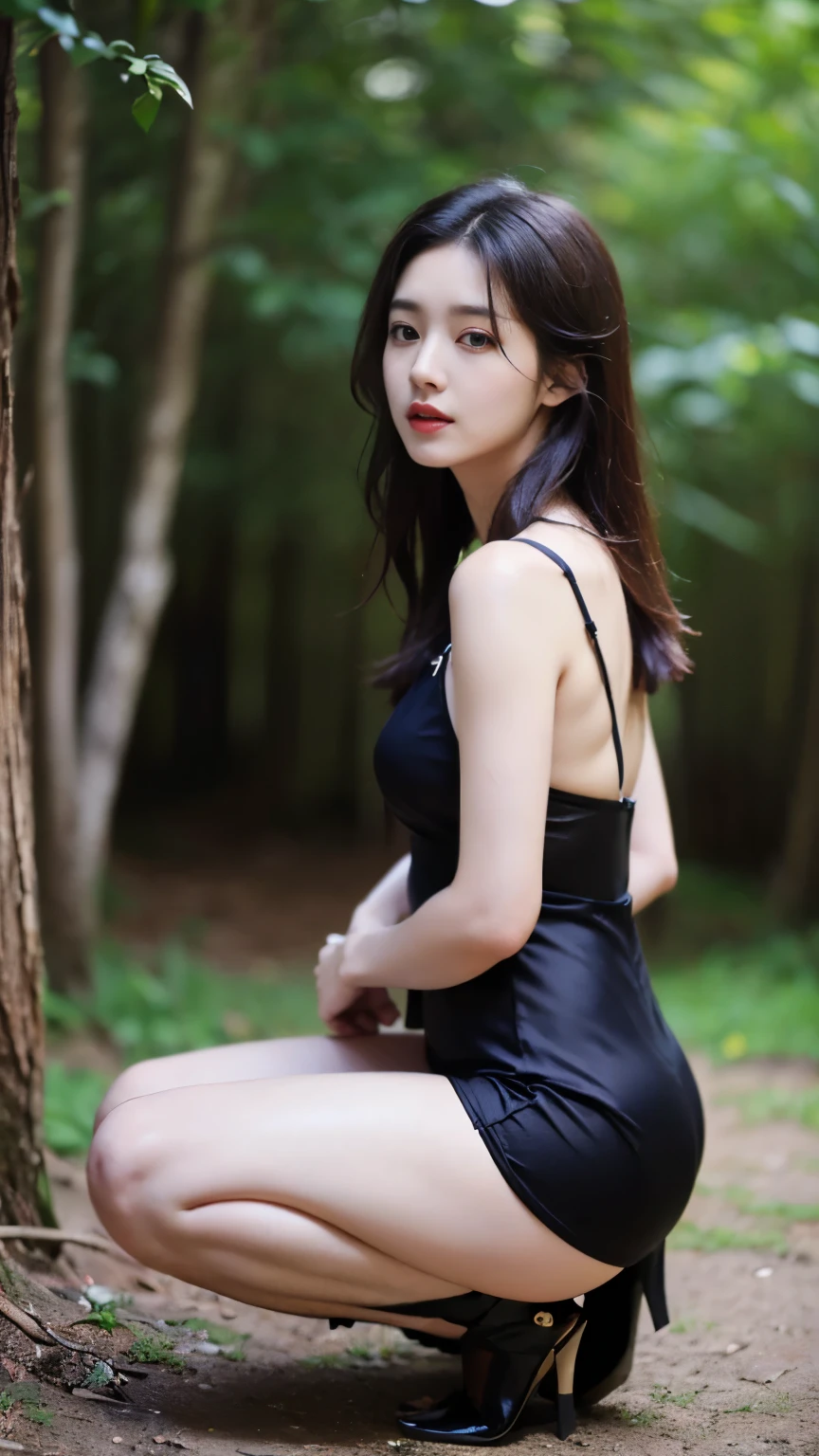 (((best quality, 8 thousand, masterpiece:1.4)), (20세 female), masterpiece, separate, Highres, High_quality, large_launch, small_face, absurdly_short_hair, female, sag_chest, balance을 맞추다, stretching, mild_face, only_shoulder, center_open, down blouse, ((best quality)), ((masterpiece)), (detailed), perfect face, very big chest, ultra High resolution room, 8 thousand, perfect body, HUD, Ergonomic, slim legs, small face, long eyelashes, Sparkling pink lips, eye for detail, clean skin, blemish-free face, korean beauty, 20세 female, female 1명, Sexy pelvis, (giant, saggy chest), balance, jungle lake, my clothes are tattered, beautiful long hair, realistic, I squatted down and looked back.., stockings, My whole body is sticky with body oil.., trained body, professional lighting, glowing skin, (shiny silk dress),