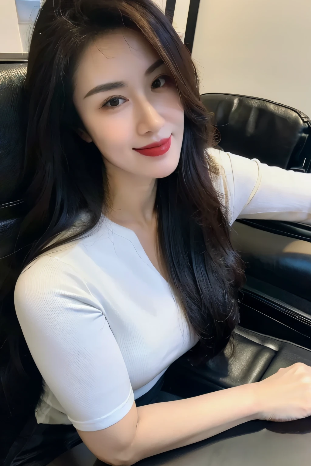 Draw lips correctly, Red lipstick, From the chest up, best quality, Ultra Detailed, lifelike, Super delicate skin, perfect anatomy (Solitary),casual pants,Short sleeve,Black belt,Long wavy hair,37-year-old female,Mature,Charming smile,At the mall,Standing,Leg length,Chubby,Big breasts,stand up,full-body shot