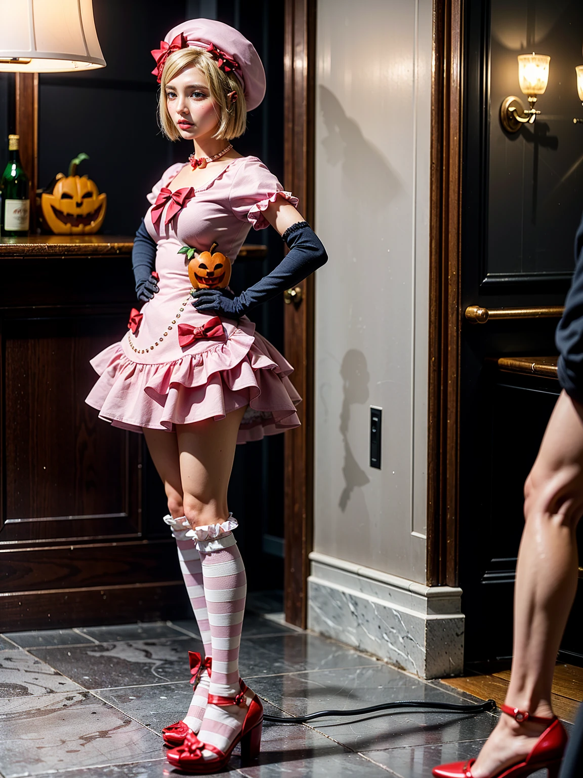 (1 lady), The beautiful, (Best quality at best:1.4), (ultra - detailed), (extremely detailed CG unified 16k), gold blonde hair, very detailed, High-definition RAW color photo, professional photoshooting, amazing face and eyes, cosmetics, (amazingly beautiful girl), ((lambdadelta)), ((dress, shoes bow, red shoes, striped stockings, red bow, pink hat, necklace, gloves, pearl, pumpkin brooch, pink dress)), standing, sexyposture，(Dark and stylish bar, drinks, lamp lights, lamp lights:1.3), (look from down), realistic cinematic face, head to feet long wide zoomed out view, full body long view, photorealistic, ((realistic natural blonde hair style, honey eyes)), gorgeous, extremely beautiful face, perfect model beauty, pout mouth, flirting smile, cleavages, city girl, western, shopping in the city, (masterpiece), best quality, high resolution, extremely detailed, blurred background, depth of field, cinematic lighting, amazing legs, high heels, clear and well-cared skin