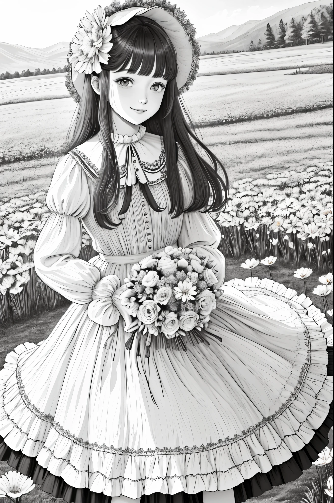 masterpiece, best quality, 1girl, solo, long_hair, looking_at_viewer, smile, bangs, skirt, shirt, long_sleeves, hat, dress, bow, holding, closed_mouth, flower, frills, hair_flower, petals, bouquet, holding_flower, center_frills, bonnet, holding_bouquet, flower field, flower field, lineart, monochrome,