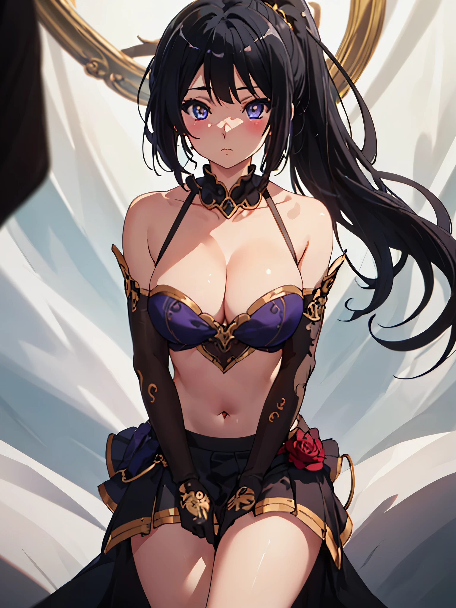 solo, {kousaka_reina_soundeuphonium:1.15}, black hair, long hair, purple eyes, blush, bangs, closed mouth, ponytail, 
BREAK (clothing cutout, cleavage, bare shoulders, elbow gloves, navel, skirt:1.2)
BREAK (masterpiece:1.2), best quality, high resolution, unity 8k wallpaper, (illustration:0.8), (beautiful detailed eyes:1.6), extremely detailed face, perfect lighting, extremely detailed CG, (perfect hands, perfect anatomy),