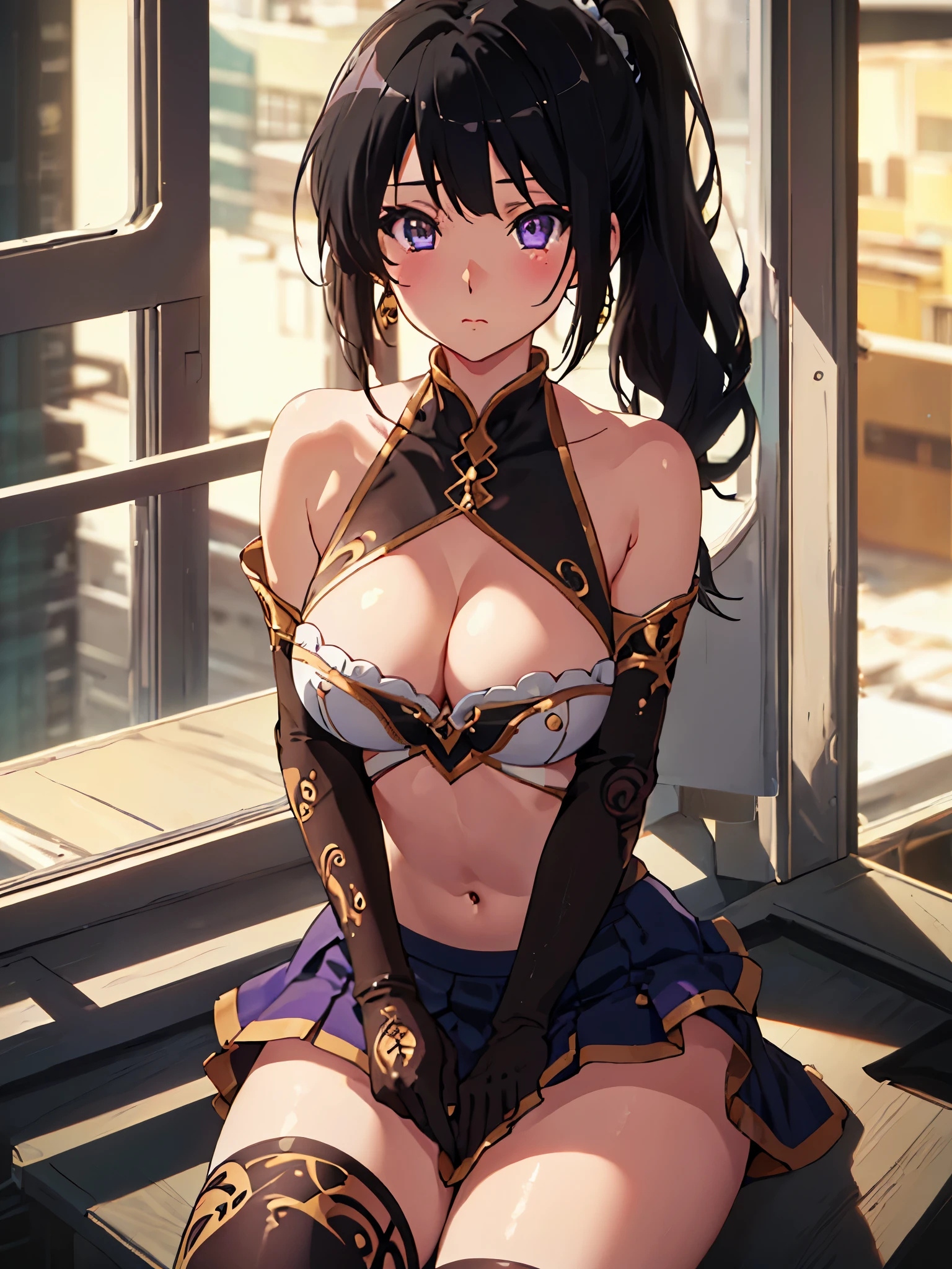 solo, {kousaka_reina_soundeuphonium:1.15}, black hair, long hair, purple eyes, blush, bangs, closed mouth, ponytail, 
BREAK (clothing cutout, cleavage, bare shoulders, elbow gloves, navel, skirt:1.2)
BREAK (masterpiece:1.2), best quality, high resolution, unity 8k wallpaper, (illustration:0.8), (beautiful detailed eyes:1.6), extremely detailed face, perfect lighting, extremely detailed CG, (perfect hands, perfect anatomy),