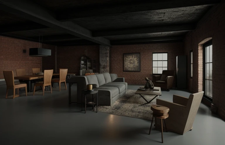 cinematic movie scene of a beautiful loft in an industrial interior design style