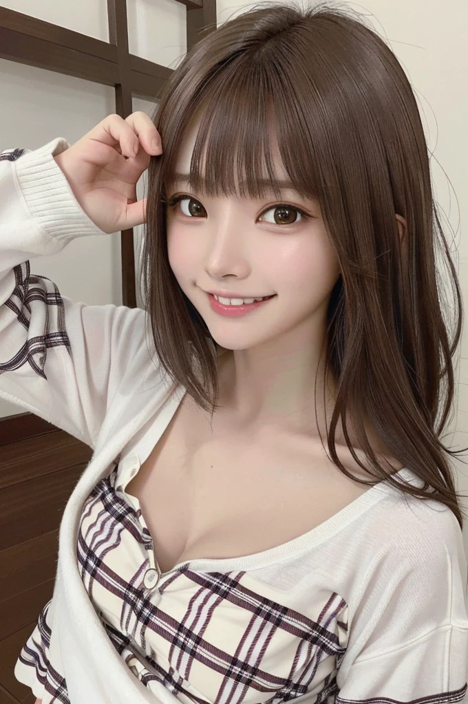 masterpiece, highest quality, High resolution,super detailed, amazingly beautiful woman,1人の girl, (美しいgirl, デリケートなgirl:1.3), (:1.4), break, (Casual dress with plaid pattern:1.3), break, extremely fine-grained clarity, (symmetrical eyes:1.3), break, (In town:1.3), break, small breasts, brown eyes, brown hair, girl, break, (Eye and face details:1.3),break,(A smile that shows white teeth:1.2),Waving both hands to the camera:1.3,