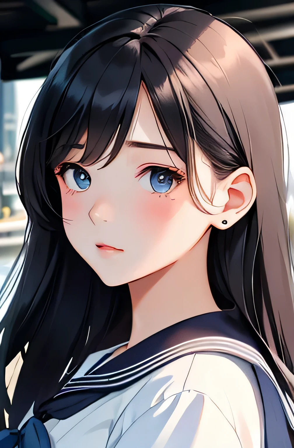(highest quality:1.4)、High resolution、detailed background)、(detailed beautiful face:1.4)、detailed expression、anatomically correct、realistic、beautiful teenage girl、long hair、cute hair color、cute hairstyle、Light inner color hair、Zoom in on shoulder from the side、Staring into the distance with a sad expression、upper body only、pier、The wind is blowing、Emphasis on feminine silhouettes、cute、
(Cute colored sailor uniform、white sailor collar:1.2)、plaid pleated mini skirt、Cute Eyes
