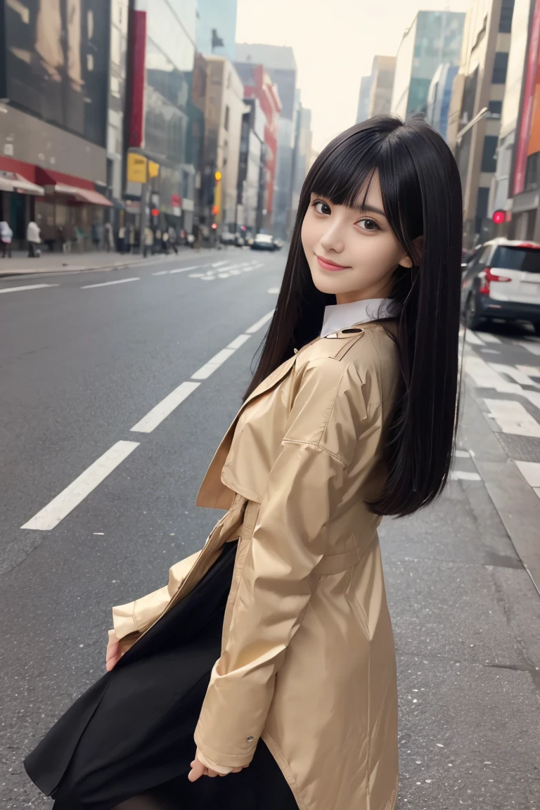 (((masterpiece, highest quality, Super detailed))), 1 female, (((very thin body))) , (((length, thin legs))), (((black straight hair, thick and fluffy bangs ))), (((highly detailed face))),smile, cosmetics free, Small, thin nose, small thin mouth, (((Very sharp focused eyes))),  Japanese,  beautiful face, (lifelike face),  beautiful hairstyle, realistic eyes, fine and beautiful eyes, (real looking skin), beautiful skin, charm, ultra high resolution, surreal, high detail, golden ratio, (detail makeup:1.2),A raincoat with an asymmetrical silhouette,Wearing stylish boots