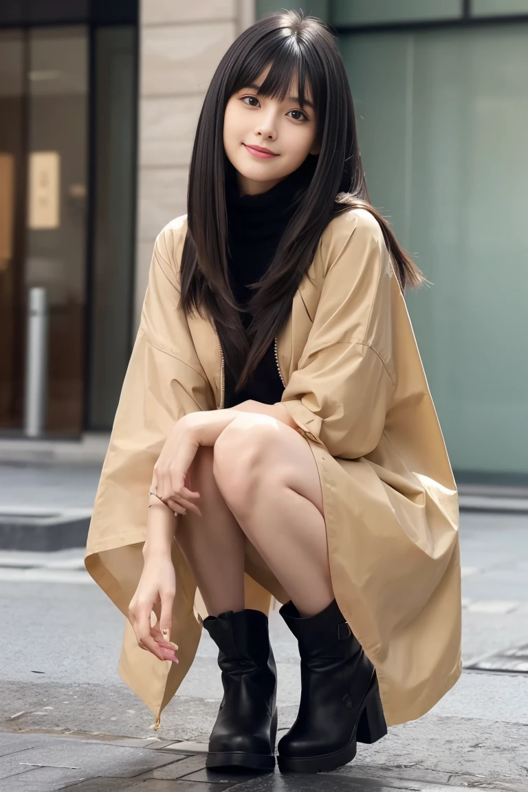 (((masterpiece, highest quality, Super detailed))), 1 female, (((very thin body))) , (((length, thin legs))), (((black straight hair, thick and fluffy bangs ))), (((highly detailed face))),smile, cosmetics free, Small, thin nose, small thin mouth, (((Very sharp focused eyes))),  Japanese,  beautiful face, (lifelike face),  beautiful hairstyle, realistic eyes, fine and beautiful eyes, (real looking skin), beautiful skin, charm, ultra high resolution, surreal, high detail, golden ratio, (detail makeup:1.2),A raincoat with an asymmetrical silhouette,Wearing stylish boots