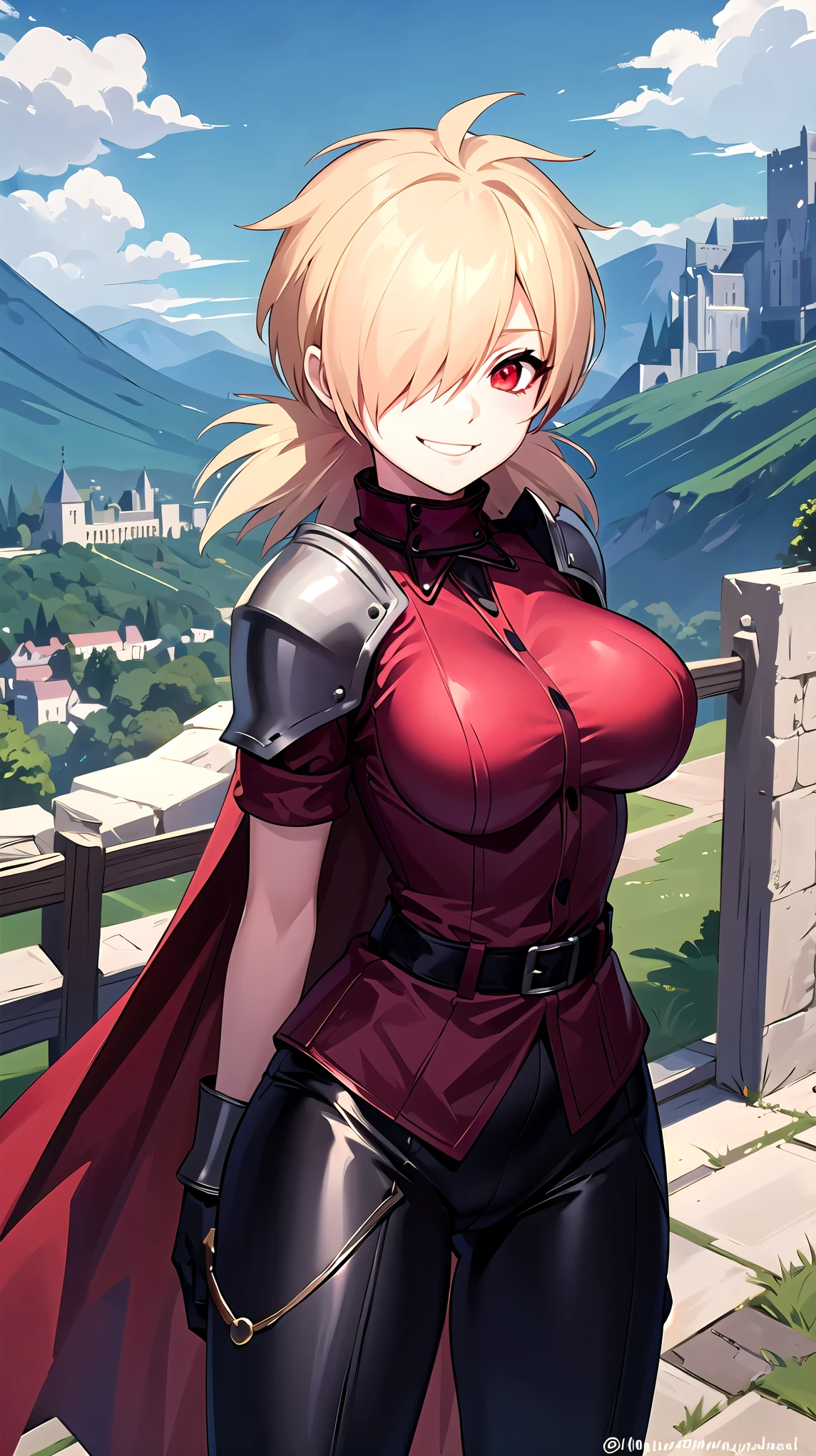 (masterpiece, best quality, detailed), 1girl, solo, seras victoria, hair over one eye, looking at viewer, 
armor, breastplate, armored dress, cape, gauntlets, shoulder armor, bodysuit, outdoors, mountain, castle, fantasy, scenery, sky, hands behind back, smirk, red eyes,  boob window, breast window, sexy