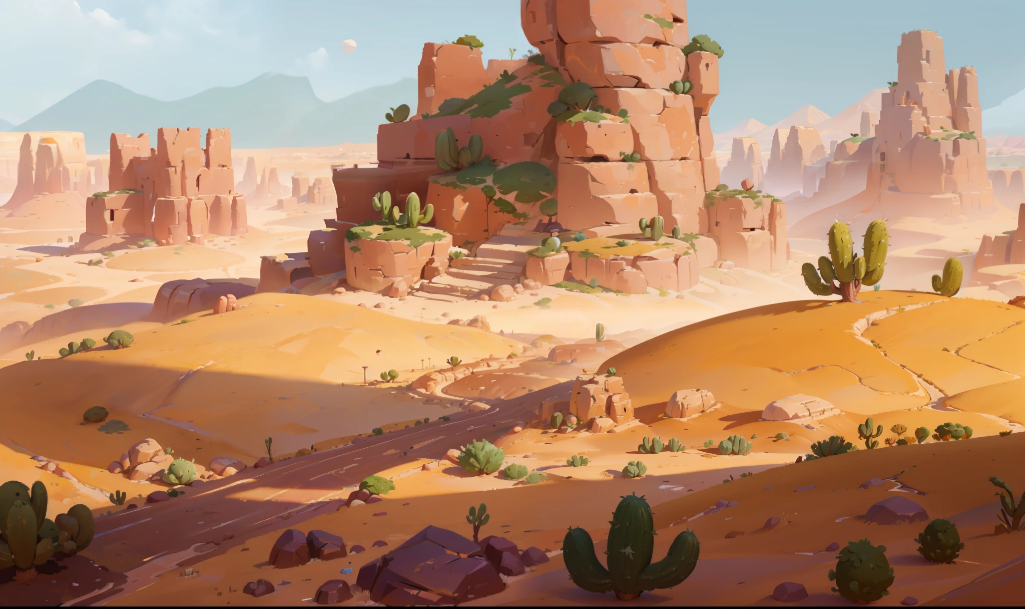 there is a desert scene with a cactus and rocks, background art, painted as a game concept art, stylized concept art, background artwork, desert environment, desert background, digital painting concept art, painterly concept art, sand and desert environment, concept art style, rocky desert, 2d concept art, desert wasteland, environment painting, scenery game concept art