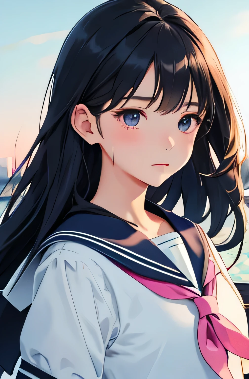 (highest quality:1.4)、High resolution、detailed background)、(detailed beautiful face:1.4)、detailed expression、anatomically correct、realistic、beautiful teenage girl、long hair、cute hair color、cute hairstyle、Light inner color hair、Zoom in on shoulder from the side、Staring into the distance with a sad expression、upper body only、pier、The wind is blowing、Emphasis on feminine silhouettes、cute、
(Cute colored sailor uniform、white sailor collar:1.2)、plaid pleated mini skirt、Cute Eyes