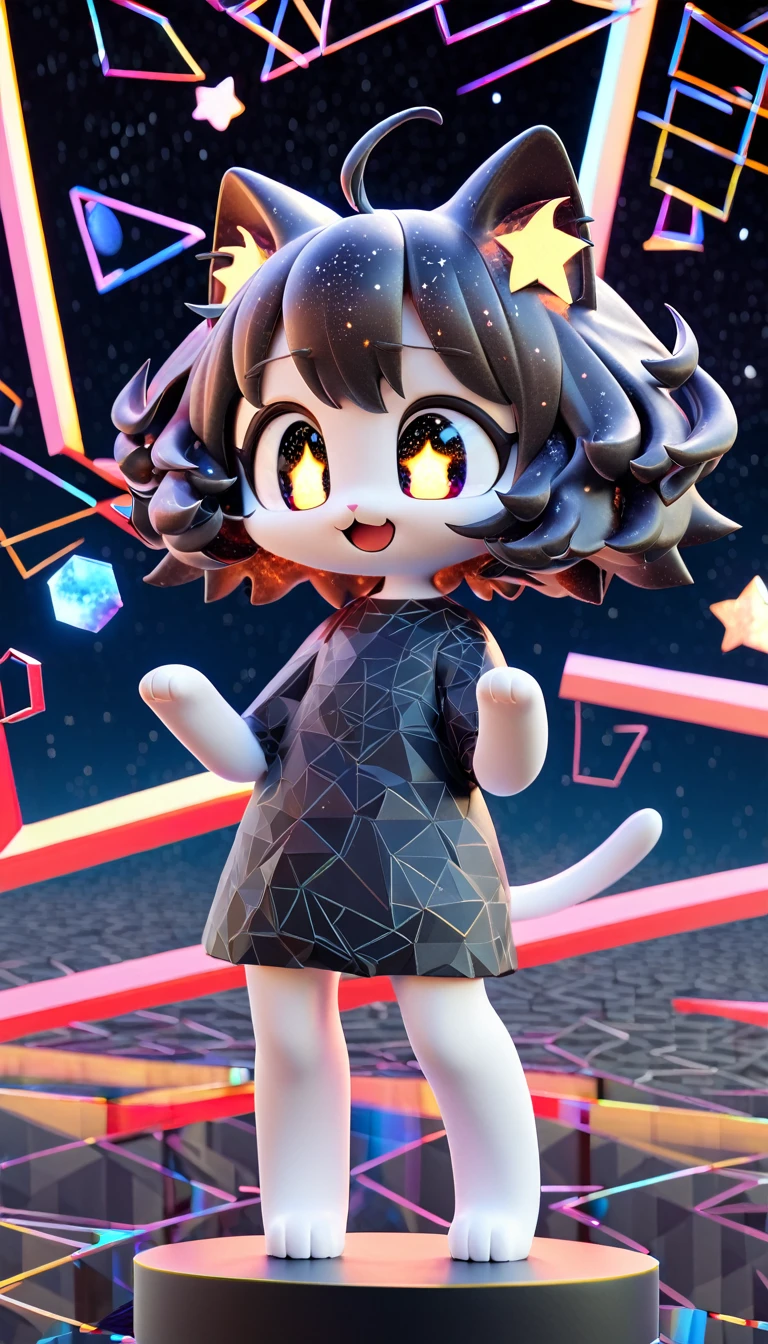 (3d)#quality(8k,wallpaper of extremely detailed CG unit, ​masterpiece, hight resolution, top-quality, top-quality real texture skin,hyper realisitic, digitial painting,increase the resolution,RAW photos，best qualtiy,highly detailed,the wallpaper),solo,there is a huge geometric catgirl statue,people watching at huge catgirl statue,#statue(a very huge statue of a catgirl:1.2,cat ear,cat eye,cute, kawaii,,hair floating,hair shining brightly,curly hair,short hair,messy hair,eye color cosmic,big eyes,pale skin,dynamic angle:1.4,dynamic pose,detailed face,smile,open mouth,cosmic,geometric:2.0),#background(simple,people looks small from far away:1.8,)