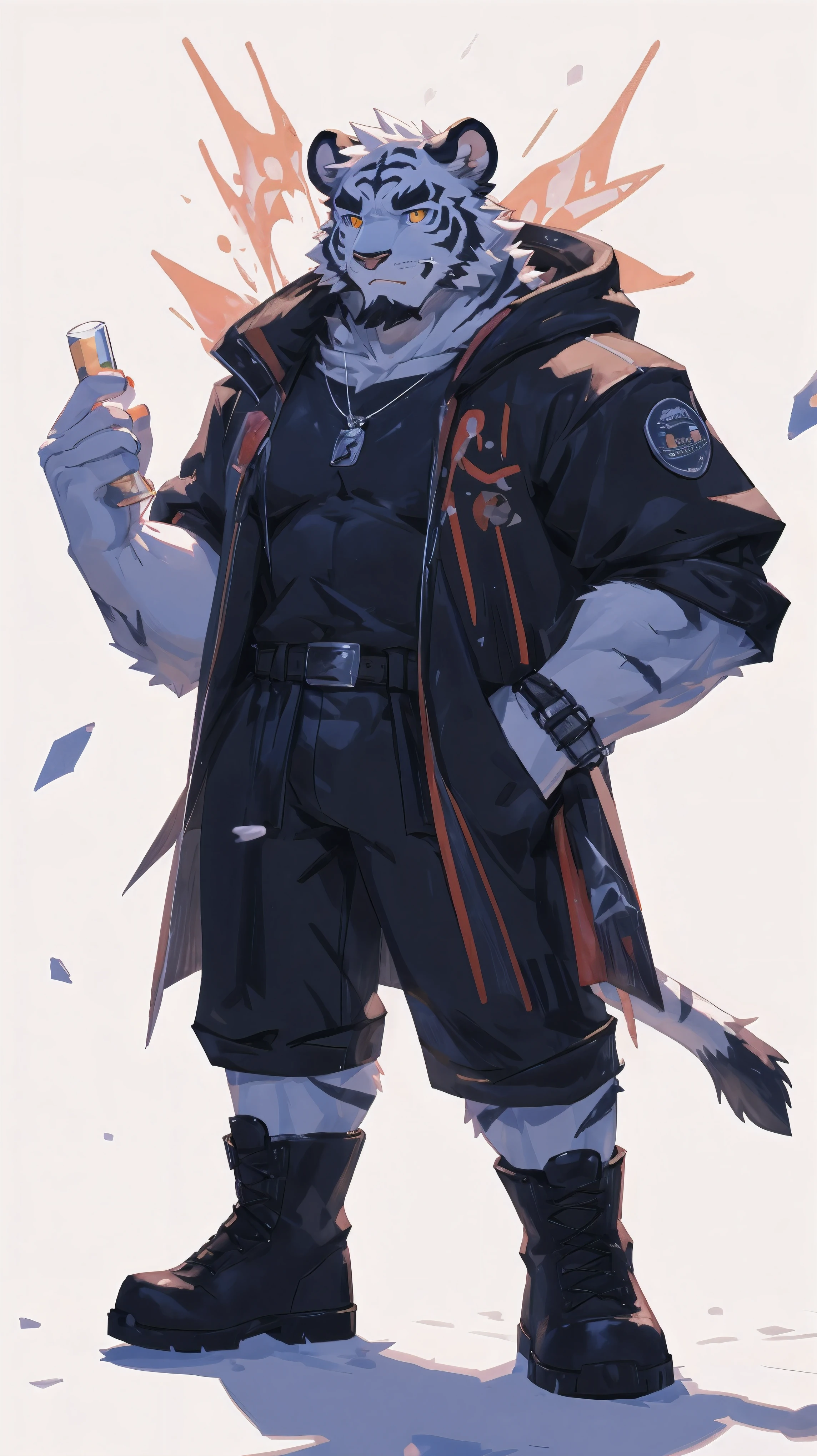 (masterpiece:1.2), best quality,pixiv,official art,perfect anatomy, (Ray tracing, light),solo, (1_male:1.3) , (muscle), (dynamic poses:1.3), (ultra deTailed), sharp focus, Negi, eyes, (glowing cyan eyes), hairy, (white fur:1.6),(muscle white tiger), (beard:1.2), Tail, Thick eyebrows,open hoodie, naked inside, cargo shorts, boots, ultra deTailed face, high deTails, high quality, (best quality,4K,8K,high resolution,masterpiece:1.2),bright colors, float in the sky, reach hand, (white background:1.3)